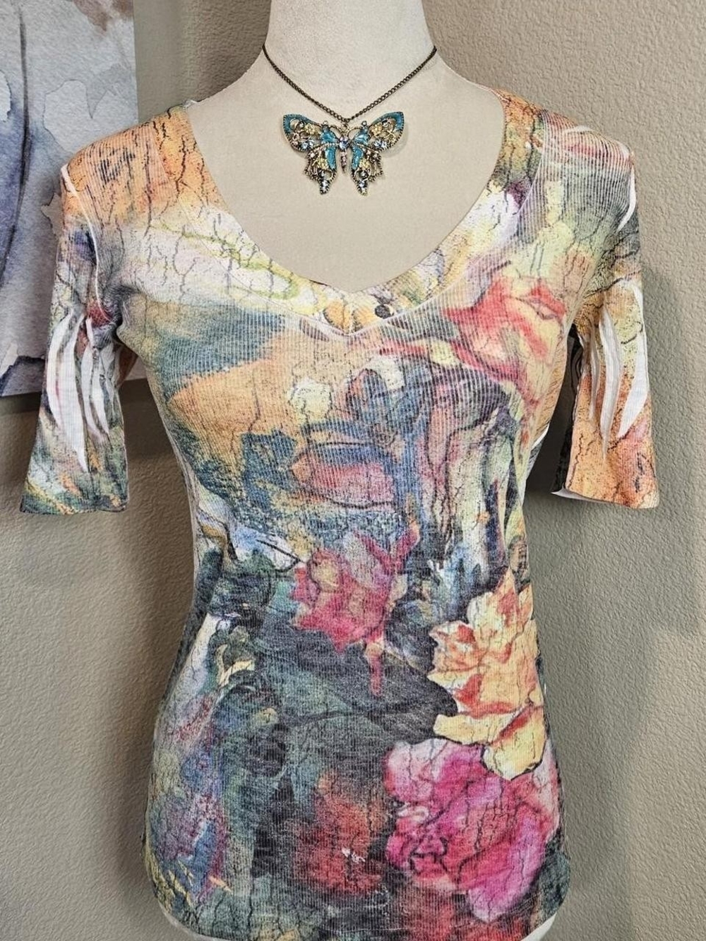 Cache Y2K Multicolor Floral Watercolor Whimsycore Vtg V-Neck Short Sleeve Top L
